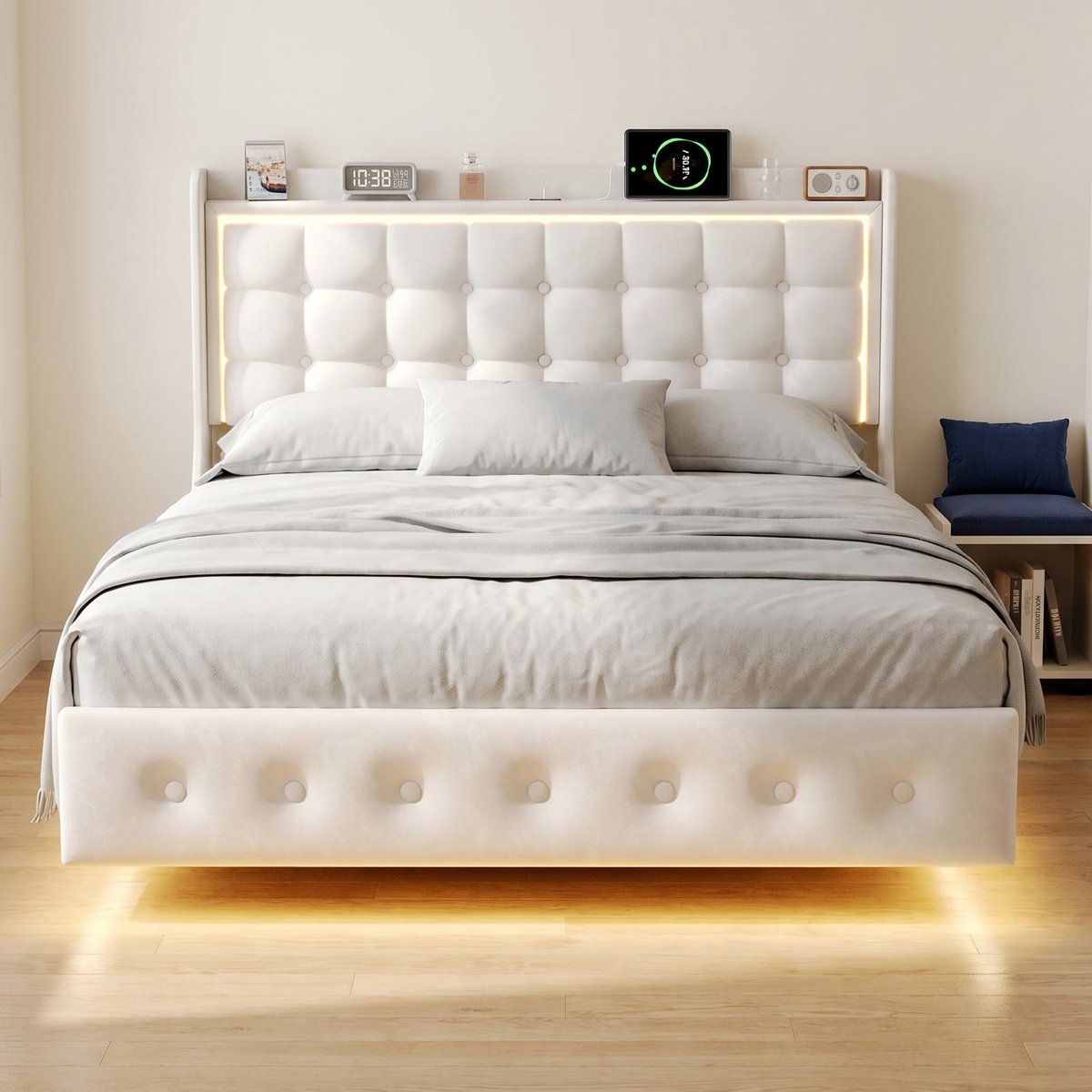Zwevend tweepersoonsbed 160x200 cm - Bedframe met LED-verlichting en USB-poorten - Fluwelen hoofdbord - Modern design - Wit