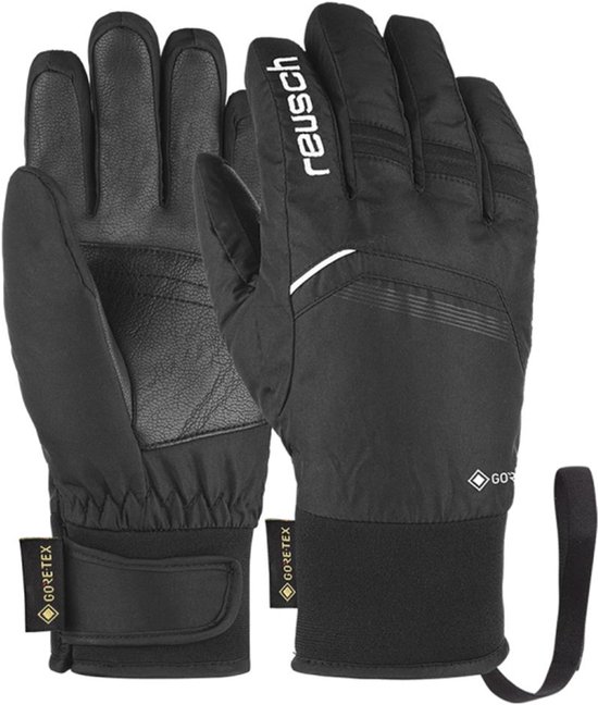 Zwarte Reusch skihandschoenen met 'reusch' en Gore-Tex logo's.