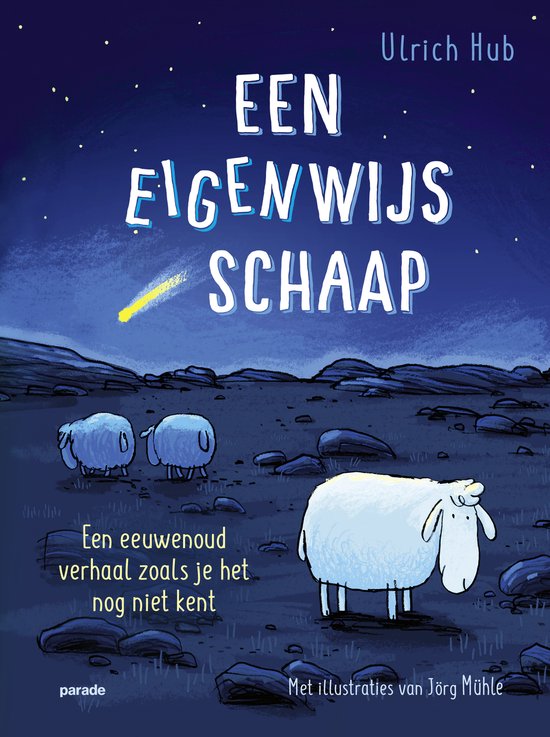 Een eigenwijs schaap, boekcover met schapen op een veld onder een sterrenhemel.