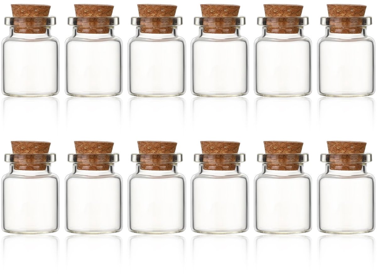 Dailygoods- Glazen Flessen 12 Stuks - Mini Potjes met Kurkdeksel - Herbruikbaar - Decoratie - DIY - Transparant 8 ml
