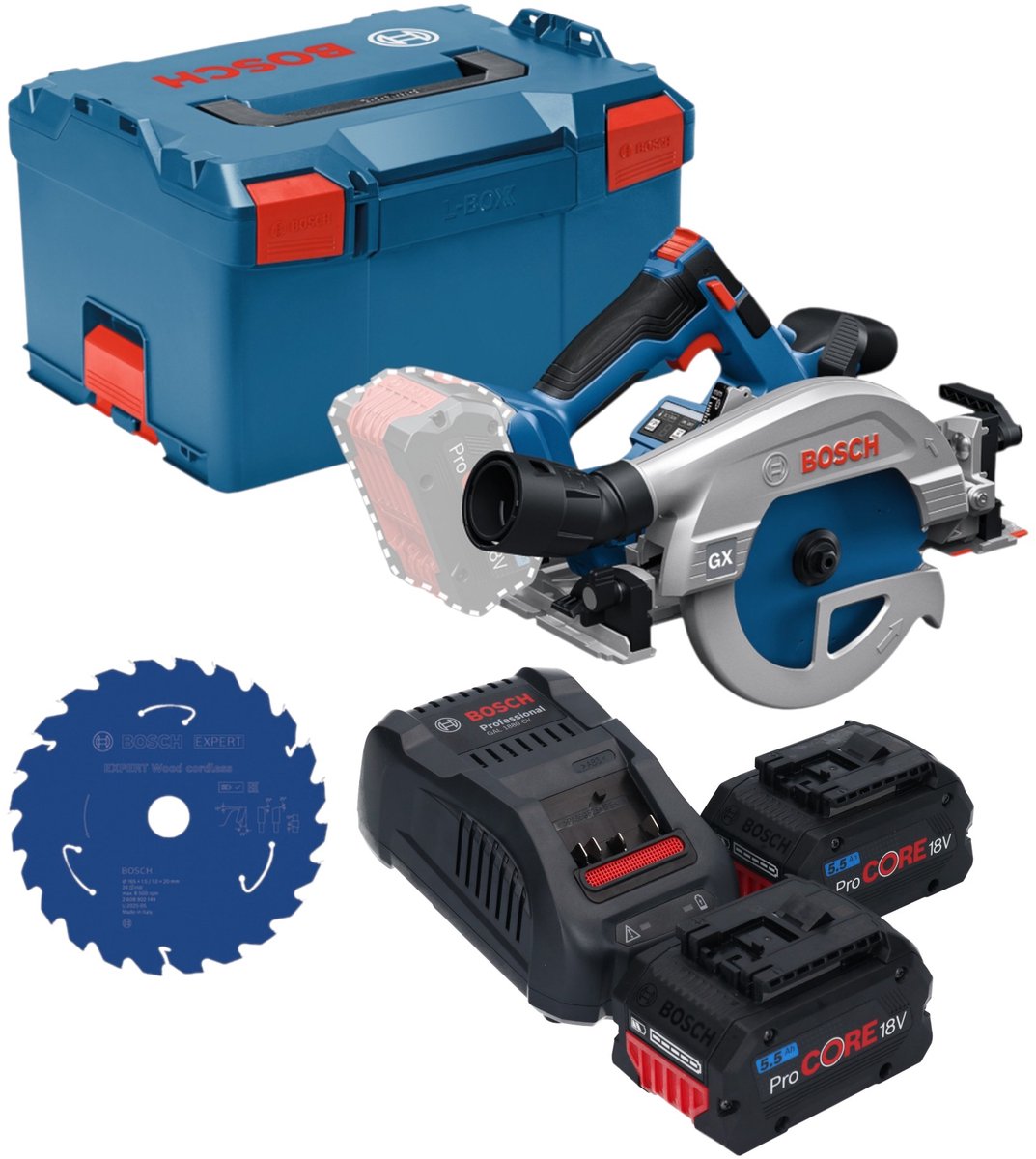 Bosch GKS 18V-57-2 GX Professional accu-cirkelzaag 18 V 165 mm borstelloos + 2x ProCORE-accu 5,5 Ah + oplader + L-Boxx