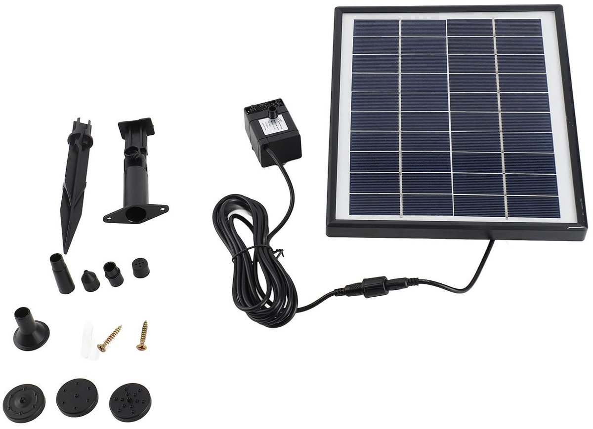 Dailygoods- Waterpomp op Zonne-energie 10 V - 6,5 W - 200 l/u - 8 Sproeiers - 60 cm Maximale Sproeihoogte - Gelamineerd Polykristalglas + Kunststof - Fonteinpomp