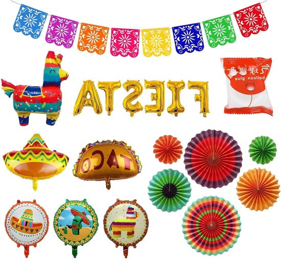 Kleurrijke Mexicaanse feestdecoratie set met 15 onderdelen, ballonnen, papieren waaiers en slingers voor verjaardagsfeesten binnen en buiten