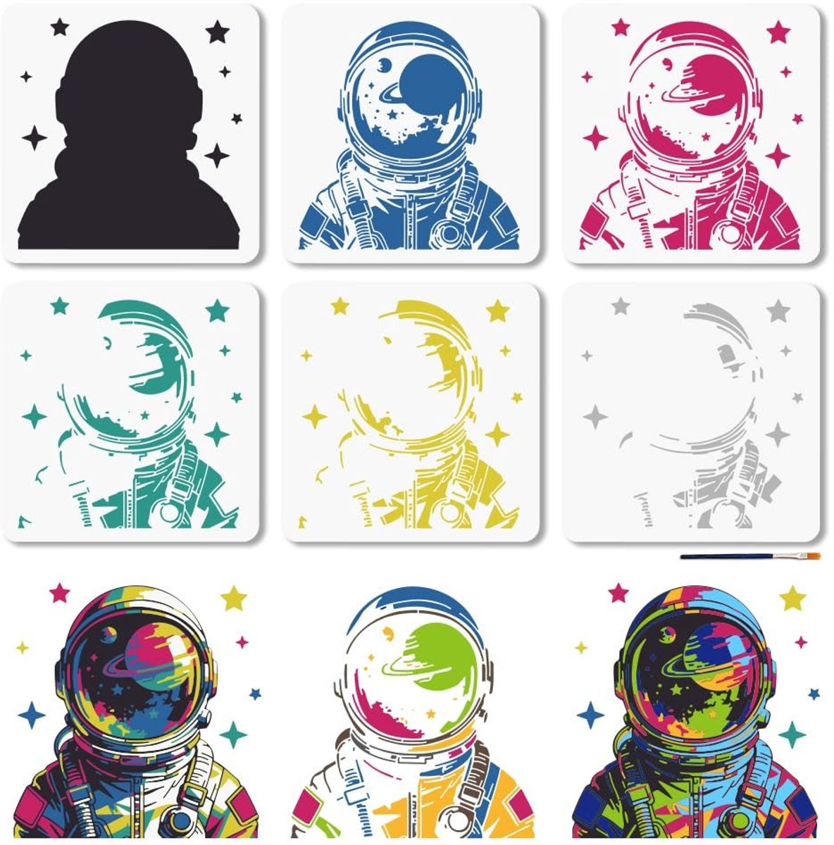 Dailygoods- Sjablonen 6-laags astronautenthema - Herbruikbaar - Schilder/sjablonen - Decoratie muren/canvas/meubels - Inclusief kwast - Plastic materiaal - Schildersjablonen