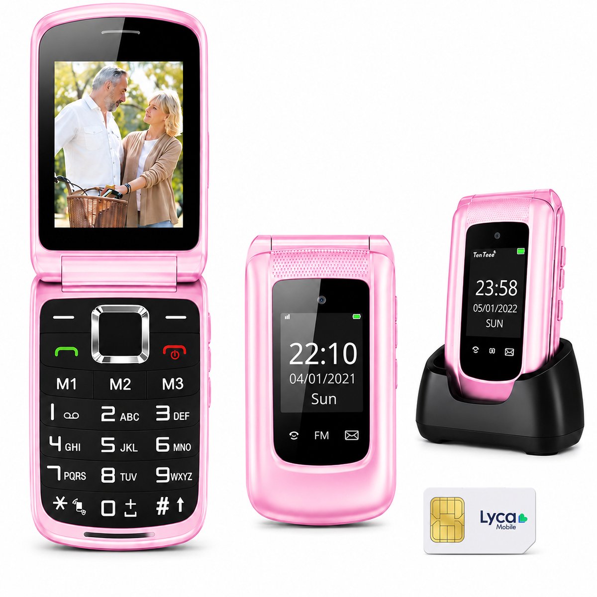 4G Senioren GSM Roze + Simkaart Geleverd + Oplaadstation - Dual Sim - Dual Scherm - Big Button Mobiele Telefoon - Grote Toetsen & Cijfers - SOS Knop - Mobiel - Ouderen