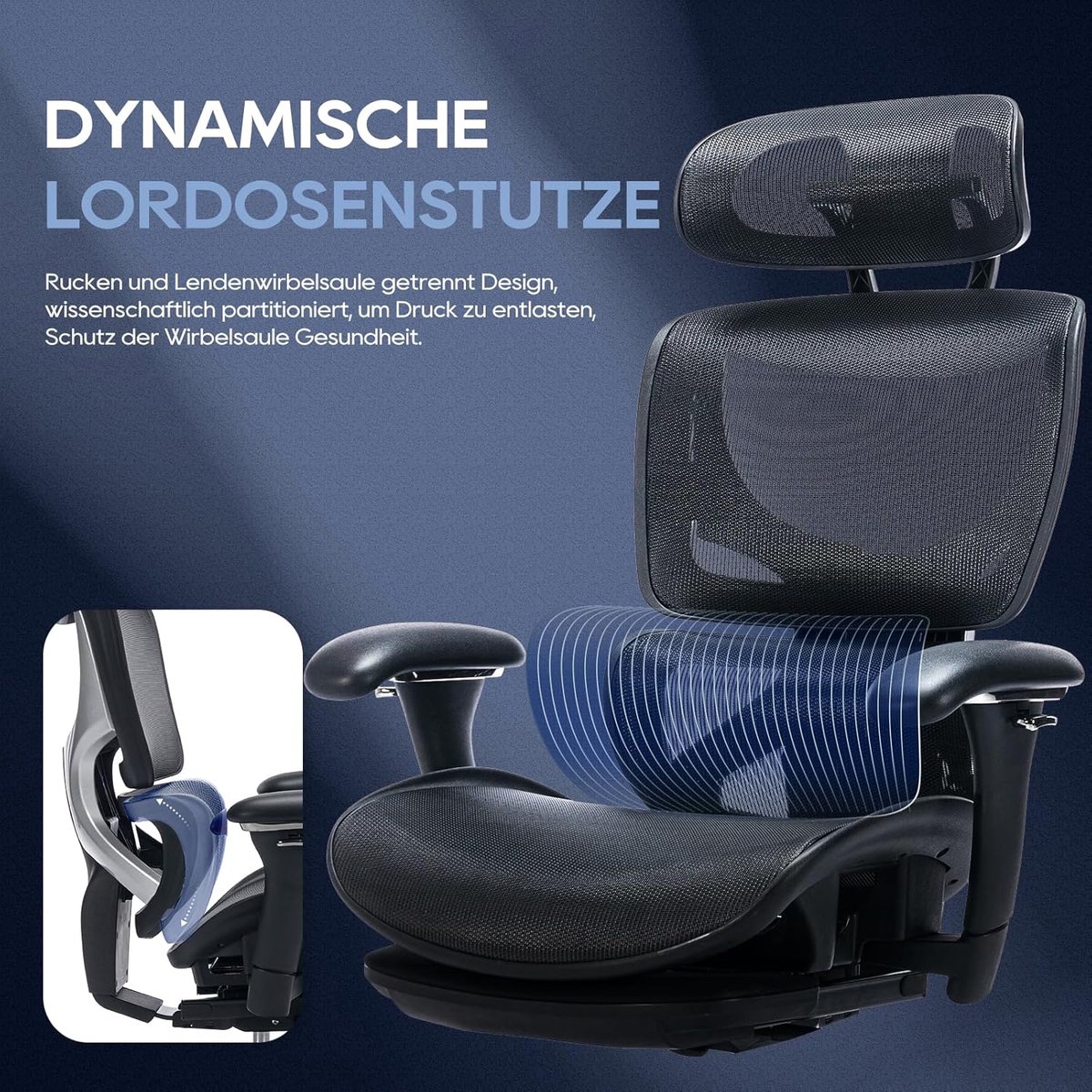 Ergonomische bureaustoel met voetensteun en 3D armleuningen – House&Garden premium kantoorstoel met verstelbare hoofdsteun, dynamische lendensteun, ademend mesh en kantelfunctie tot 130° – comfortabele thuiswerk stoel zwart