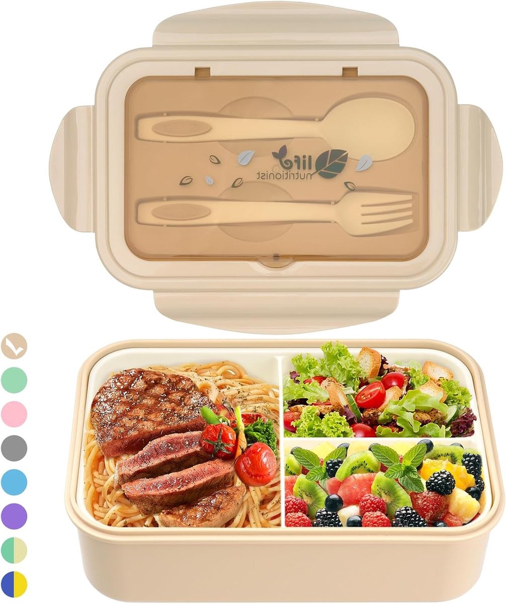 Lunch Box voor Volwassenen en Kinderen - 1400ml, Lekvrij en Grote Bento Box met 3 Compartimenten en Bestek, Magnetronbestendig voor School en Werk