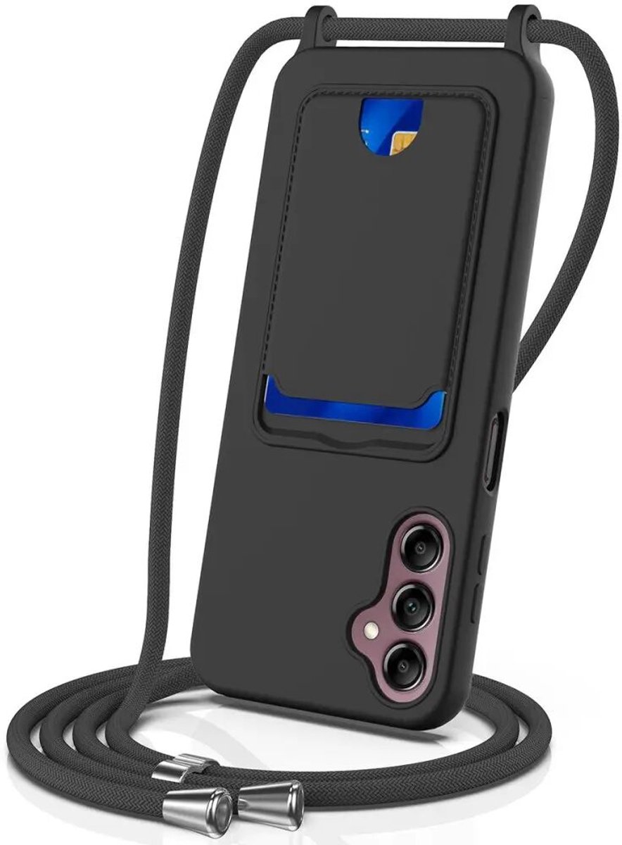 Hoesje met Koord en Pasjeshouder Geschikt voor Samsung Galaxy A16 | Back Cover met Crossbody Koord en Kaarthouder | Ideaal voor Festival/Vakantie | Siliconen | Zwart