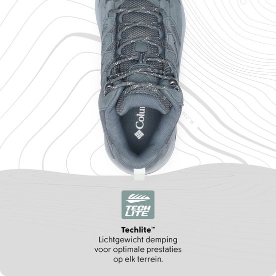 Grijze wandelschoen met Columbia-logo en "Tech Lite"-technologieaanduiding.
