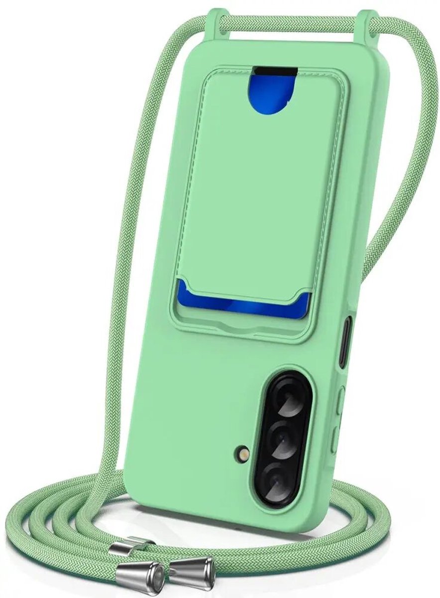 Hoesje met Koord en Pasjeshouder Geschikt voor Samsung Galaxy S25 FE | Back Cover met Crossbody Koord en Kaarthouder | Ideaal voor Festival/Vakantie | Siliconen | Groen