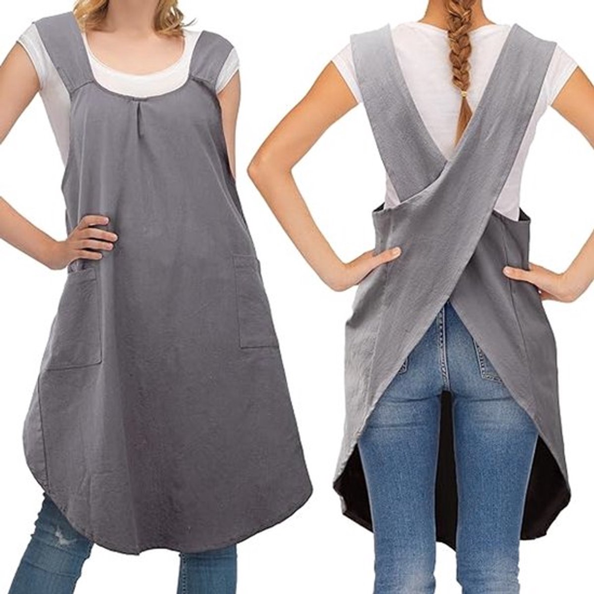 Katoenen/linnen schort - met twee zakken - borststuk zonder strik - unisex - comfortabel huisschort - gemakkelijk aan en uit te trekken - grijs