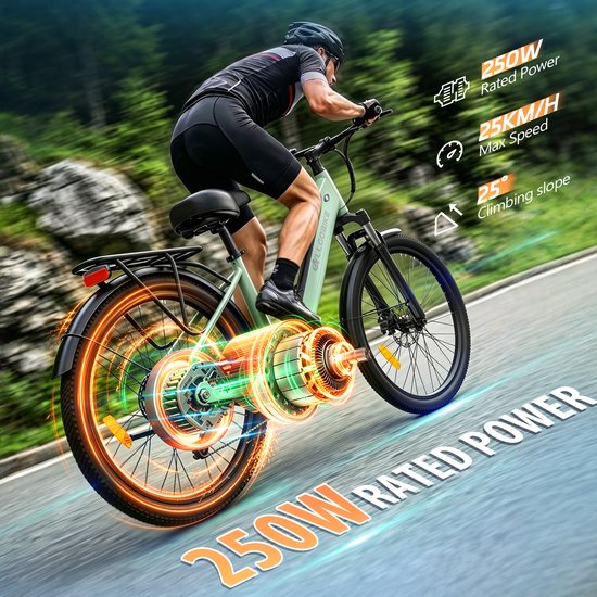 ALLGOBIKE AM27 27,5" Elektrische Fiets 250W 36V 15Ah - 7 Versnellingen - 50-100 km Actieradius - Stads- & Licht Offroadfiets - LED Display- Donkergroen — afbeelding 4