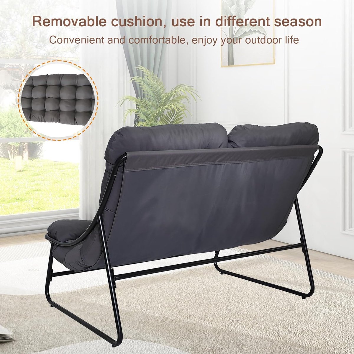 Dubbele Outdoor Lounger met Kussens en 2 Krukjes 115,5 x 82 x 80 cm – Tuin Ligbank voor 2 Personen met 8 cm Dikke Zitkussens en Metalen Frame – Mobili Bella