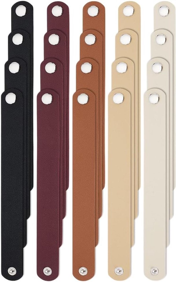 Set van 20 PU Leren Armbanden in 5 Kleuren, 22 cm Glad Leer met Drukknoop voor Sieraden Maken en Creatieve Projecten