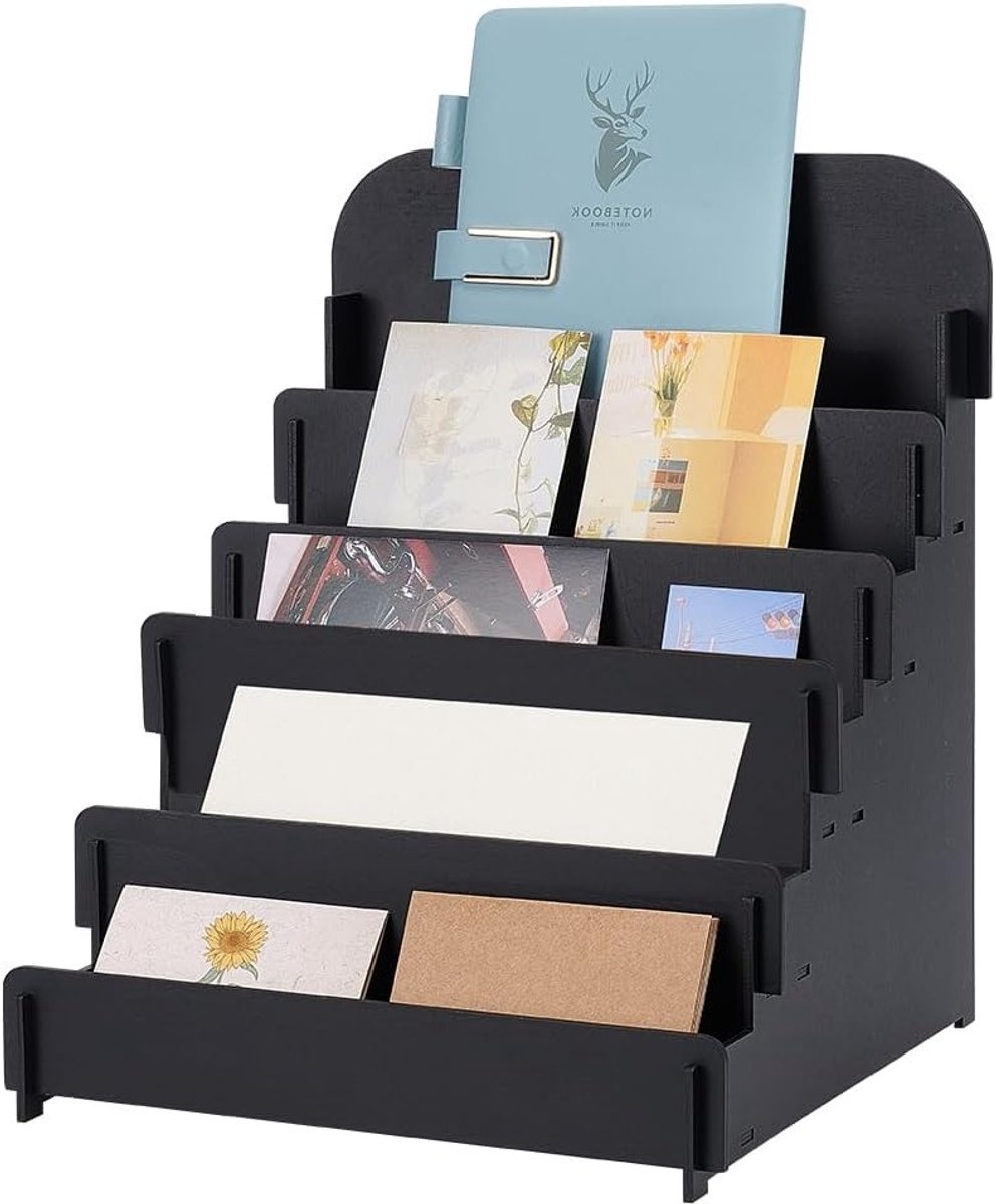 Multifunctionele Houten Kaartstandaard met 5 Niveaus voor Verjaardagskaarten, Stickers en Retailpresentatie - 30x30x36 cm, Zwart