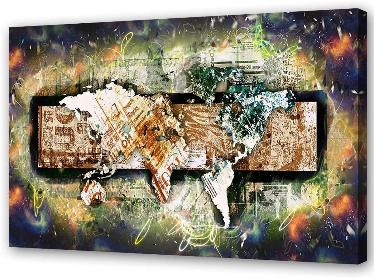 Wereldkaart Canvas - Landkaart Decoratie - Wanddecoratie Inrichten - Abstracte Stijl - 90x60 cm - Bruin