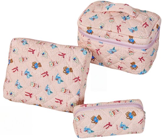 Set van 3 Make-up Tasjes Gewatteerd Bloemen Katoen – Grote Capaciteit Esthetische Cosmetische Tas & Toilettas voor Vrouwen – Reistas Organizer met Ritssluiting -Vlinder en beer, 3-delige set [Groot + Middel + Klein]