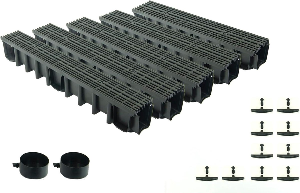 Drainagegoot met Rooster - Afvoergoot Regenwater - Wateroverlast Voorkomen - Langsstaaf Roosterlijn Zwart - 5 meter 148 mm - Zwart