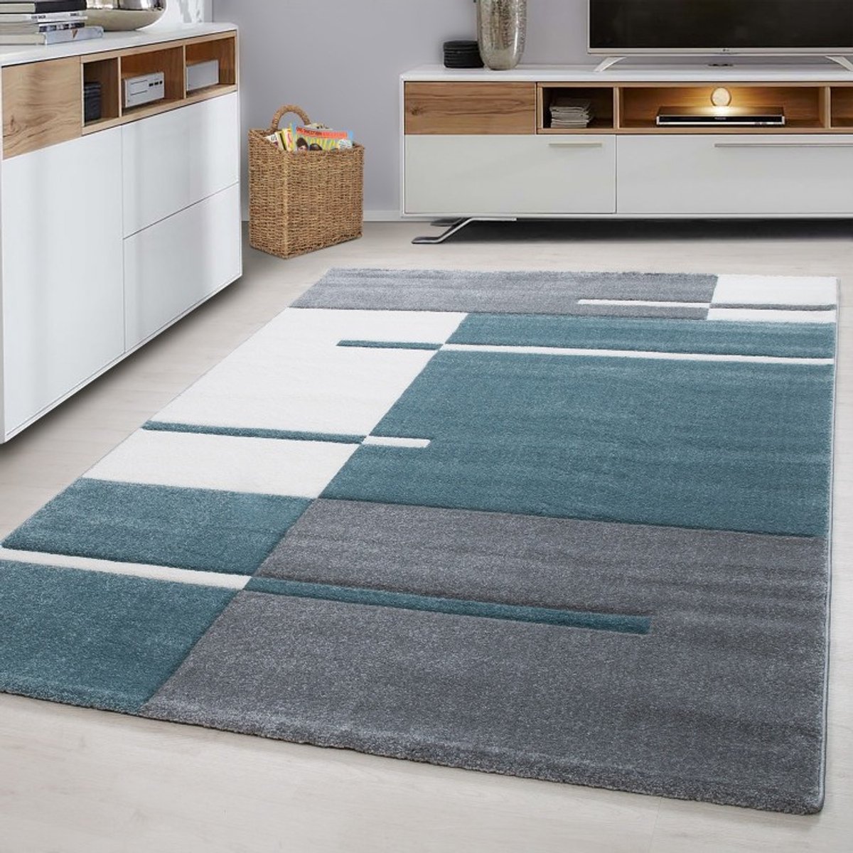 TapisTrend Designer tapijt Blauw 160x230 cm Binnenkleed, geruit patroon, blauwe, jute, voor de woonkamer, modern design, wasbaar
