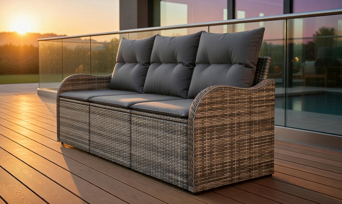 Rotan tuinbank loungeset 3-delig modulair – 176×62×85 cm – wicker tuinset met opbergruimte & kussens – weerbestendig polyrotan sofa set voor balkon, terras & tuin – grijs – Urbanhome