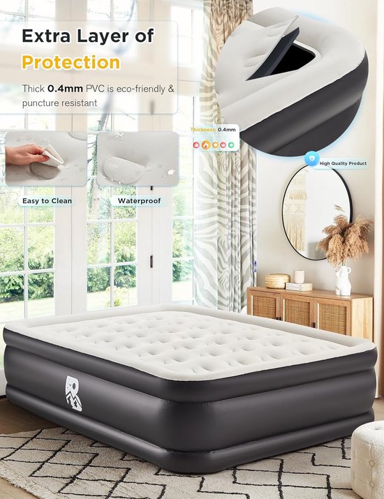 Luchtbed - Opblaasmatras Kampeerbed - Comfortabel Slapen - Geïntegreerde Pomp - 457 cm Hoog - Zwart — afbeelding 2