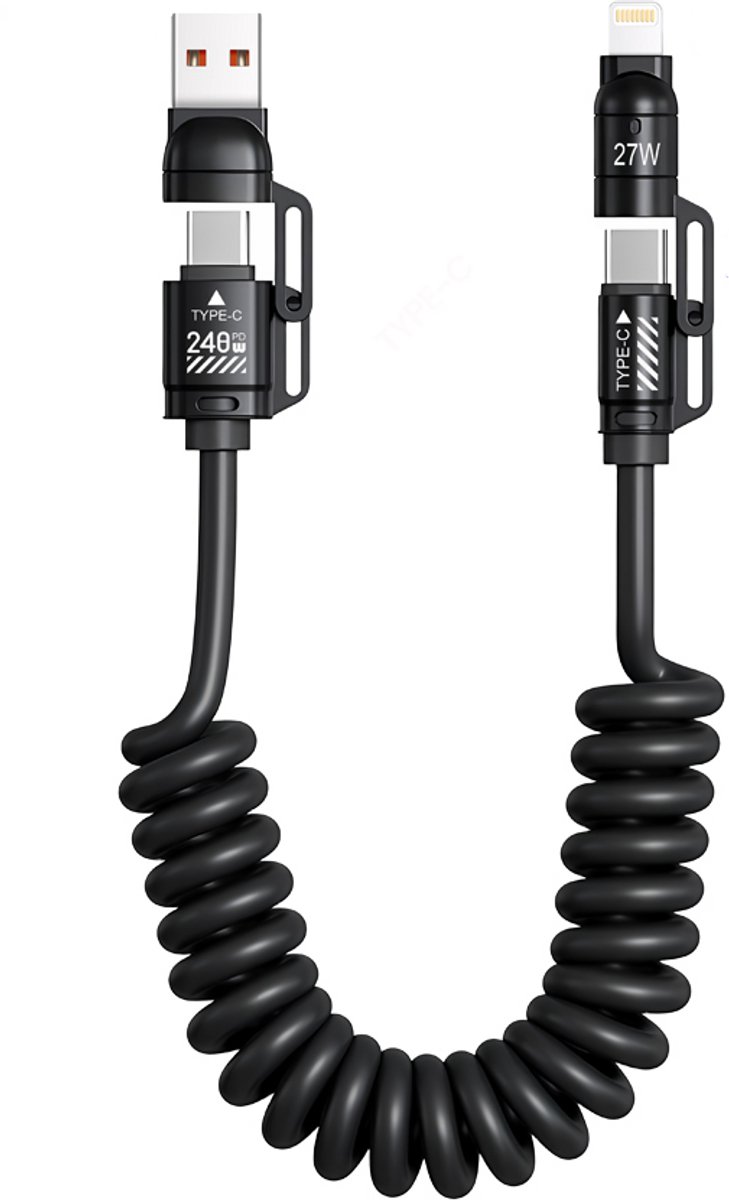 De Beste Gadgets 4-in-1 Oprolbare Oplaadkabel 240W – USB-C / USB-A / Lightning – Snellader PD 240W - Fast Charge - Geschikt voor iPhone, Android, Laptop – 150cm – Anti-klit Spiraalkabel - Zwart