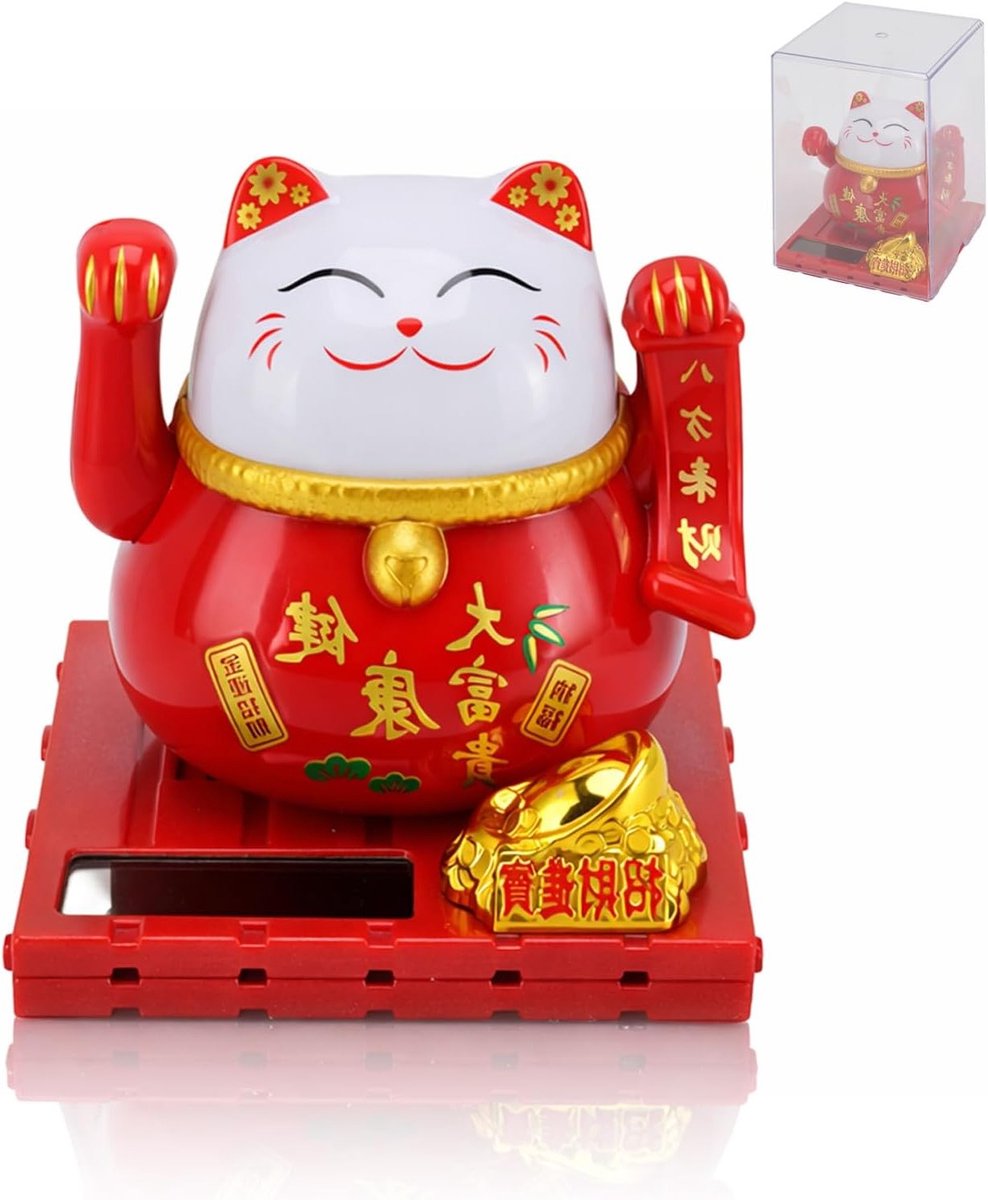 2 Stuks Zonne-energie Waving Cat Beeldjes, Schattige Maneki Neko Decoratie, Geluksbeeldje voor Feng Shui en Thuisdecoratie