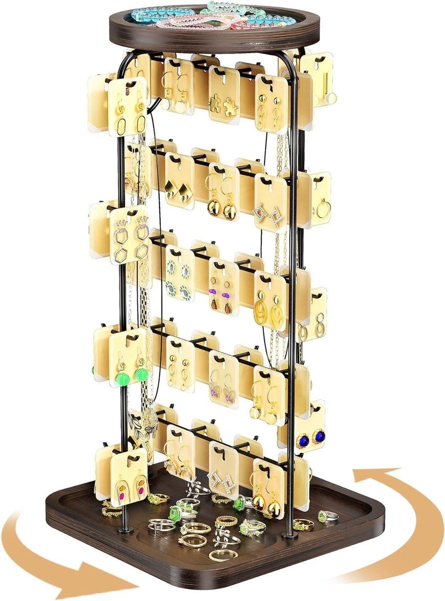 Sieraden Display Stand - Oorbellenhouder Organizer - Sieraden Verkopen - 360 Graden Rotatie - 5 Lagen 60 Haken - Bruin
