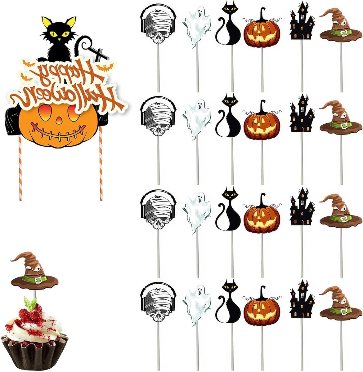 25 Stuks Halloween Taartdecoraties, Inclusief 1 Grote en 24 Cupcake Toppers voor Feestelijke Decoratie, Ideaal voor Halloween Feesten en Verjaardagen