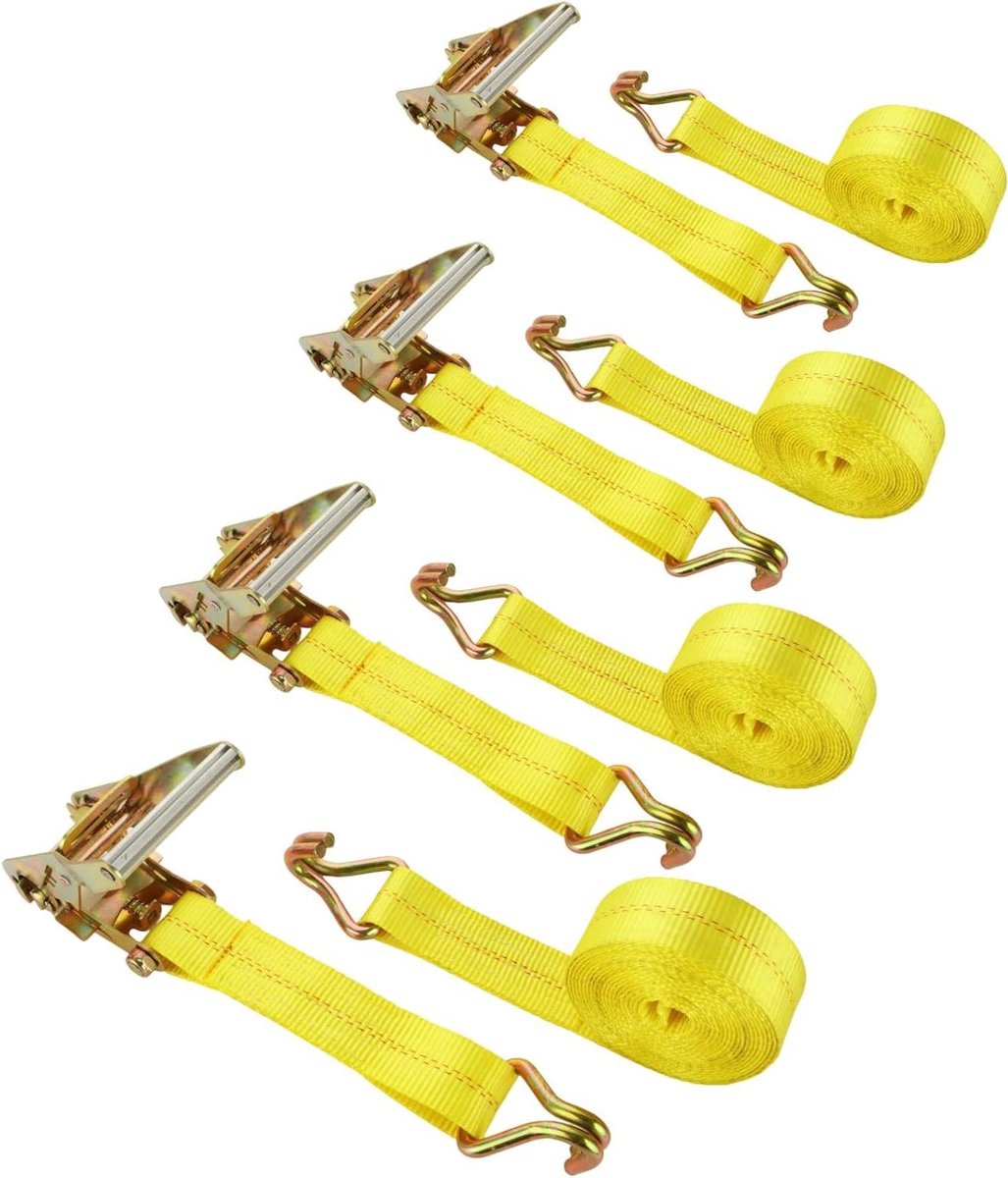 Ratelbanden Set - Spanbanden Cargo Riemen - Lading Vastzetten - Dubbele J-haak - 4 Stuks - Geel