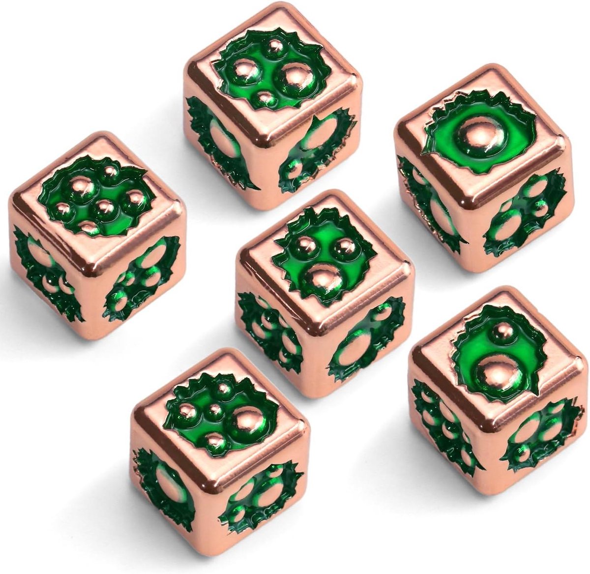 Metalen D6 Dobbelstenen - Zesdelige Set - Rollenspellen - Uniek Bubbels Design - 15 mm - Rose Goud Groen