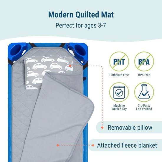 Kinder Nap Mat - Slaapmat Peuters - Kinderdagverblijf & School - Inclusief Kussen - 126 x 51 cm - Blauw van Merkloos — afbeelding 2