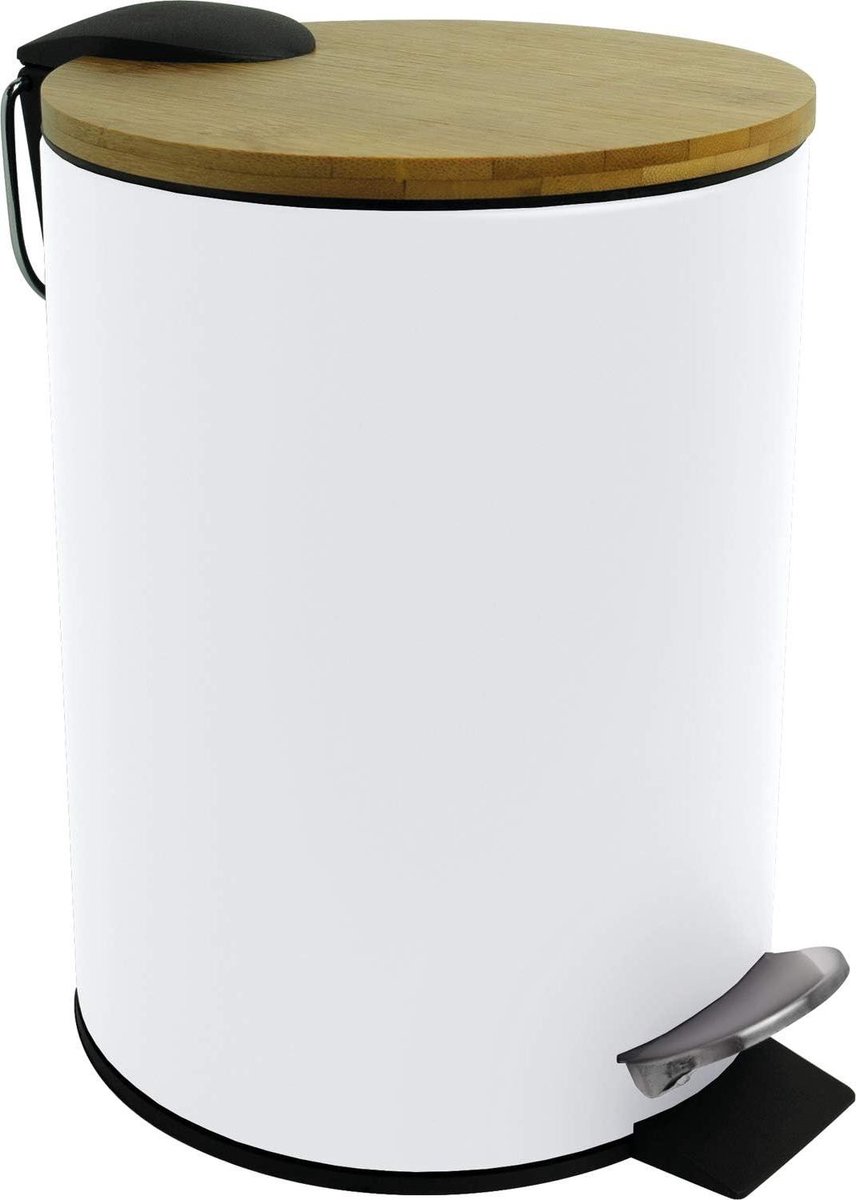 Pedaalemmer - Afvalbak - Stil Sluiten - Bamboe Deksel - 3 Liter - Wit