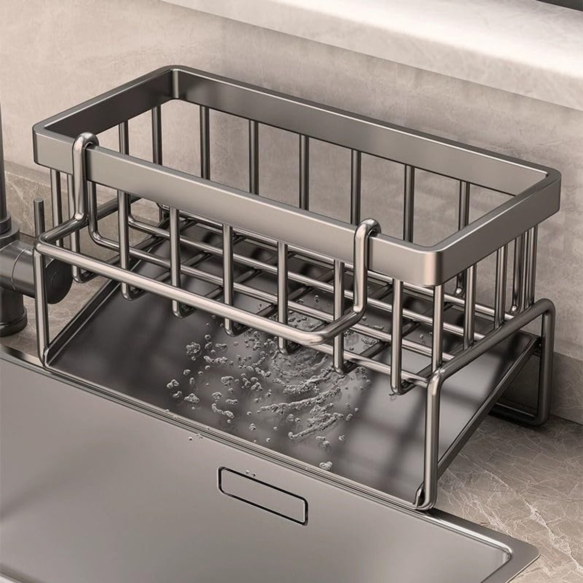 Multifunctionele Keukensink Organizer met Afvoerrooster, 23 x 11 x 9 cm, Grijs, Ruimtebesparende Opbergoplossing voor Keuken en Badkamer met Handdoekhaak