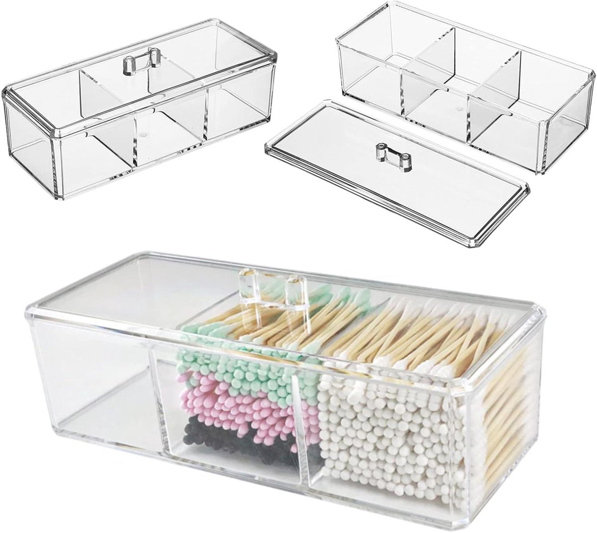 Opbergdoos met Deksel - Make-up Organizer - Badkamer Organiseren - 3 Gedeelde Compartimenten - 24 x 7.8 x 10 cm