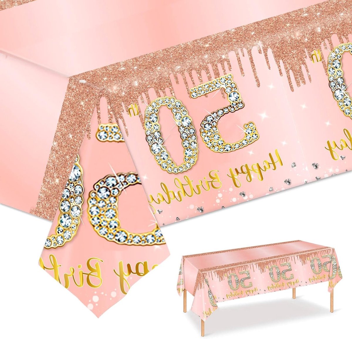 Elegante Roze Gouden Tafelkleed voor 50e Verjaardag, Perfecte Decoraties voor Feestjes, Duurzaam Plastic Tafelkleed voor Verjaardagsfeest en Cadeaus