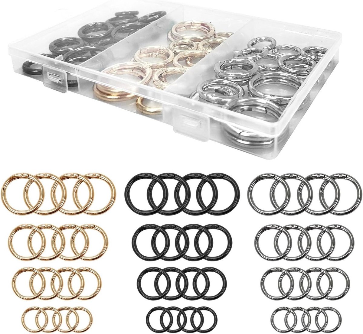 Set van 48 Ronde Karabiners met Veeropening, Ideaal voor Sleutels, Portemonnee en Accessoires, Verkrijgbaar in Goud, Zilver en Zwart
