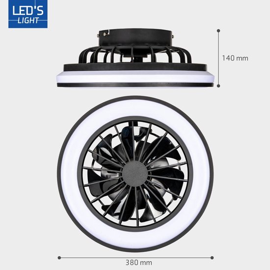Zwarte plafondlamp met ventilator, met witte LED-ring. Diameter 380mm, hoogte 140mm.
