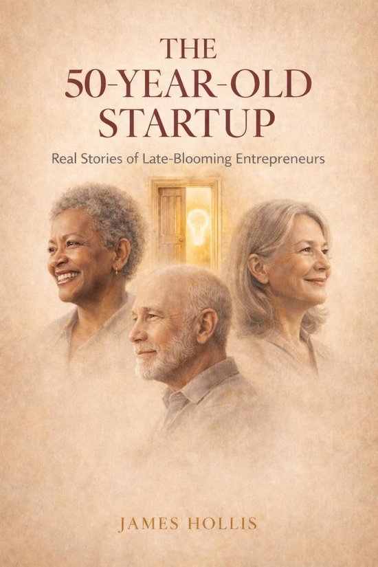Boekomslag met "THE 50-YEAR-OLD STARTUP" en "Real Stories of Late-Blooming Entrepreneurs". Drie oudere ondernemers, twee vrouwen en een man, kijken naar rechts.