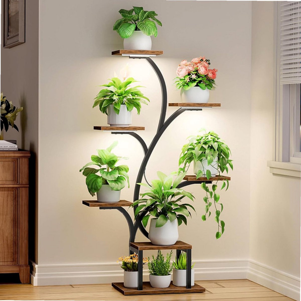 Sierra, Plantenstandaard met kweeklampen, 7 gelaagde plantenplank voor binnen, 124,5 cm hoekplantenstandaards, metalen bloemendisplayplanken, boomvormig plantenrek voor thuis, terras, zwart