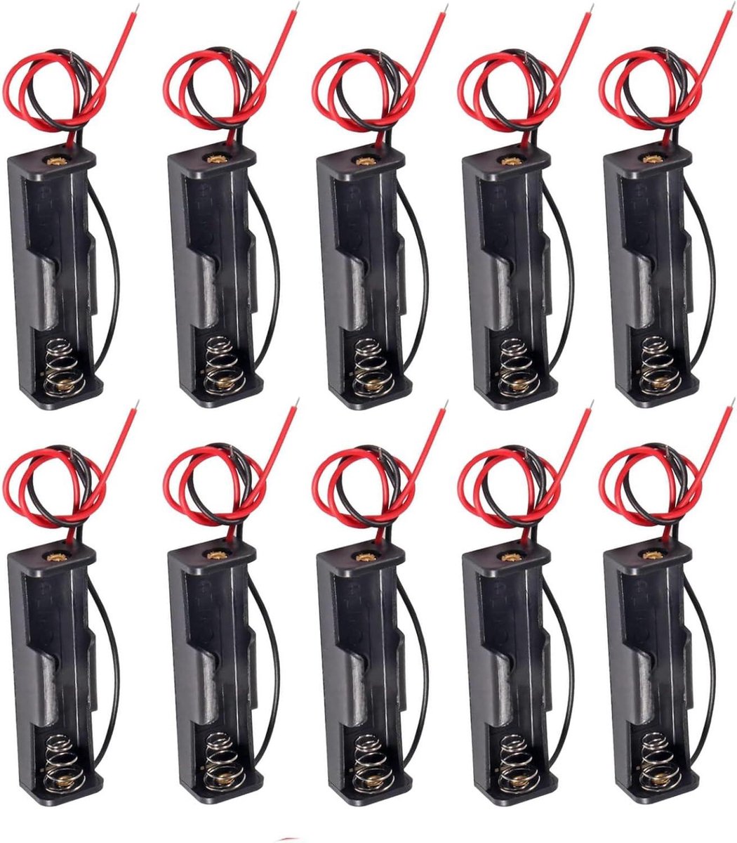 Batterijhouder AA - Enkele Batterijhouder - DIY Elektronica - Met Connectordraad - 10 Stuks - Zwart/Rood