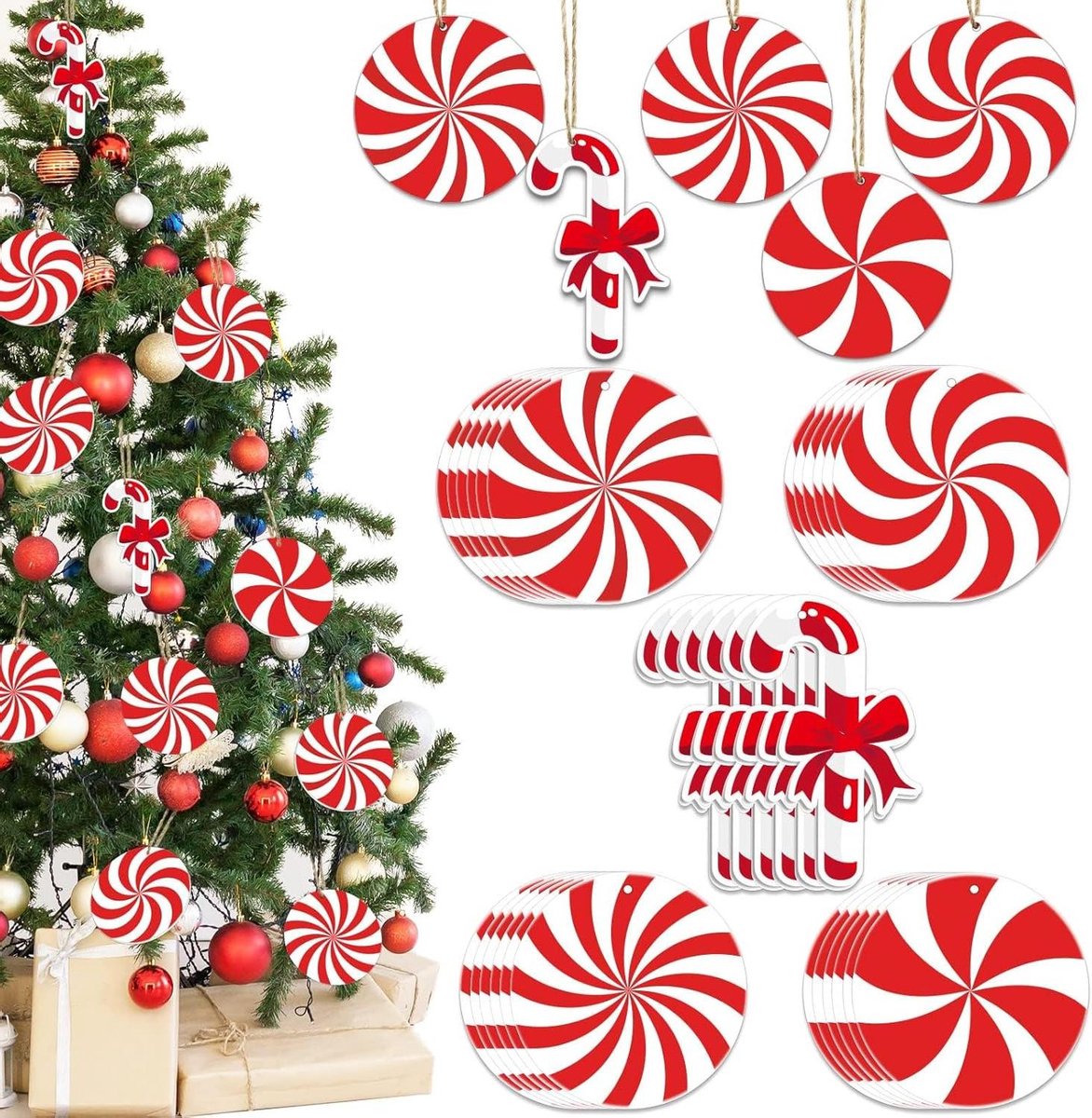Kerstversiering Houten Pepermunt - Kerstboomhangers Kerstdecoratie - Kerstboom Versieren - Set van 35 Stuks - 8-10 cm - Rood Wit