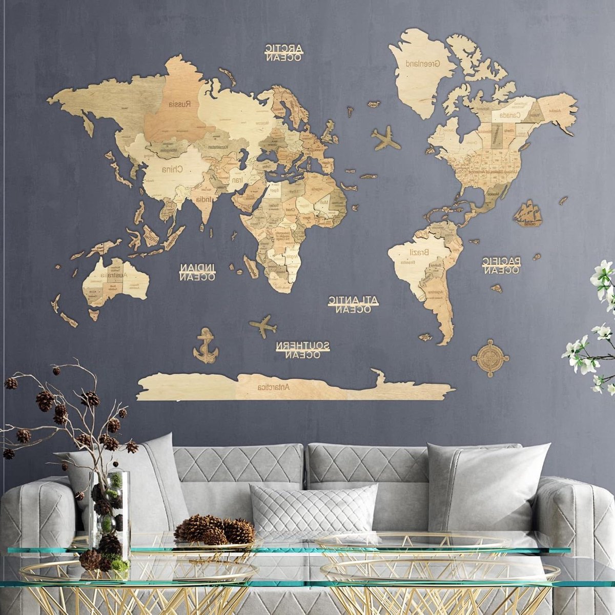 Houten Wereldkaart Wanddecoratie - 3D Kaart Hout - Interieur Verfraaien - Meerlagig Ontwerp - 200L x 140B cm - Lichtbruin