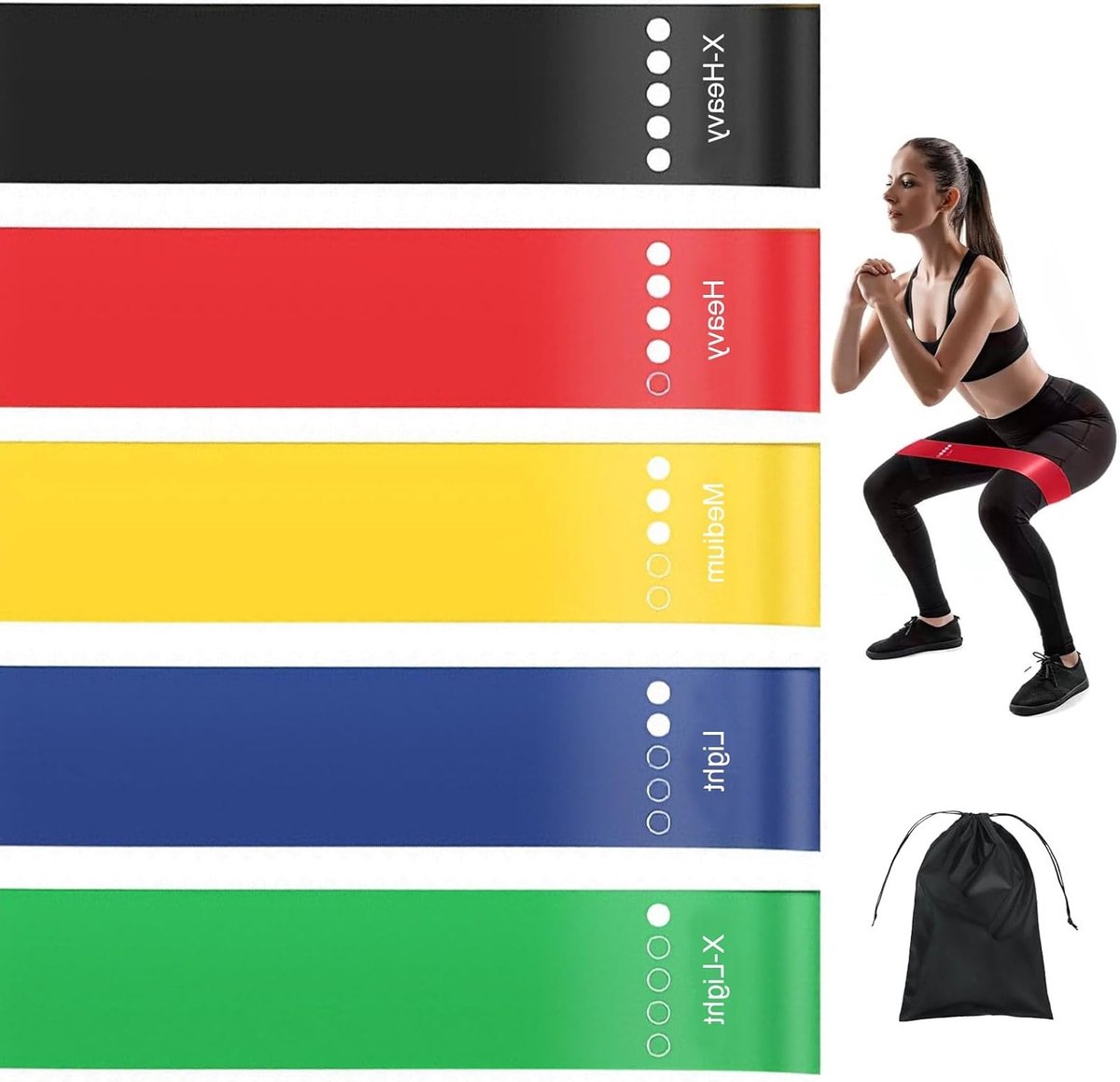 Set van 5 Weerstandsbanden voor Fitness met 5 Weerstandslevels - Natuurlijke Latex Gymnastiekbanden voor Spieropbouw, Pilates en Yoga