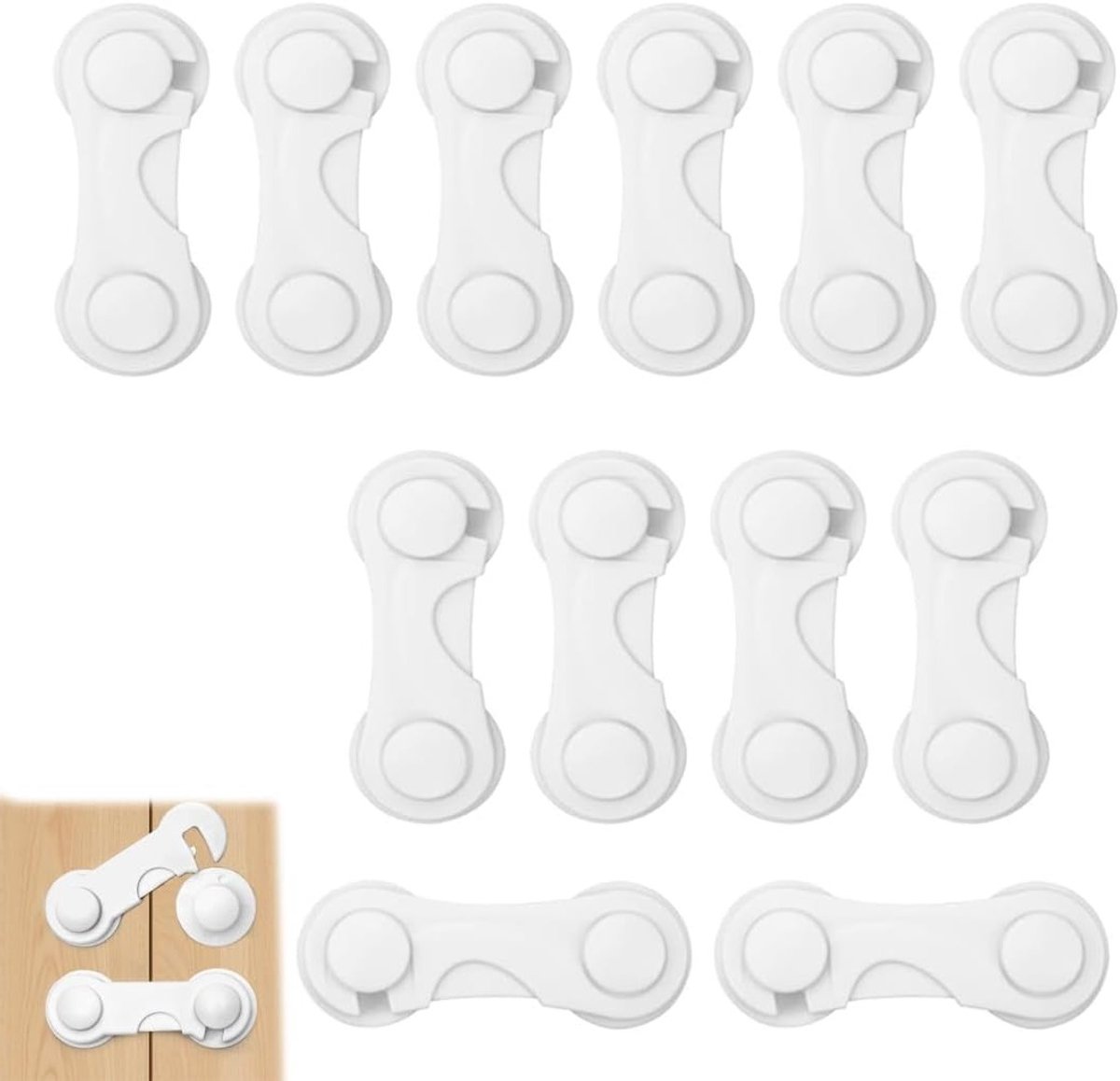 Set van 12 kindveilige lade sloten voor kasten, deuren en koelkasten, eenvoudig te installeren zonder boren, wit en met sterke lijm.