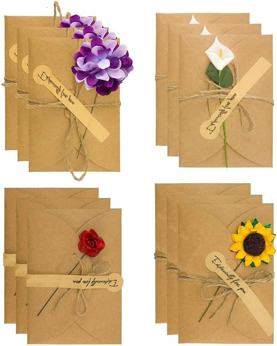 Set van 12 Retro Kraft Papieren Wenskaarten met Enveloppen, Perfect voor Verjaardagen, Jubilea en Feestdagen