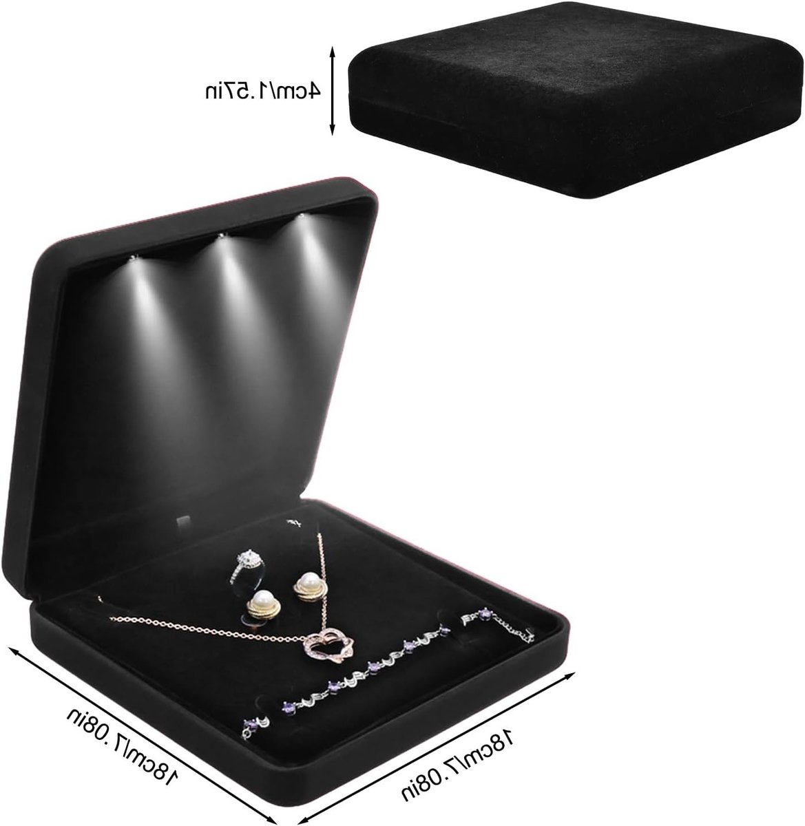 Sieradenopbergdoos met LED-verlichting, Luxe Pluche Organizer voor Armbanden, Kettingen, Ringen en Oorbellen (Zwart)