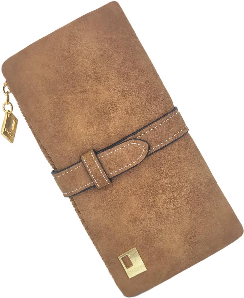 Dames Lange PU Leren Portemonnee met Rits | Ruime Bifold Tas met Meerdere Vakken voor Werk en Reizen, Bruin, Modern