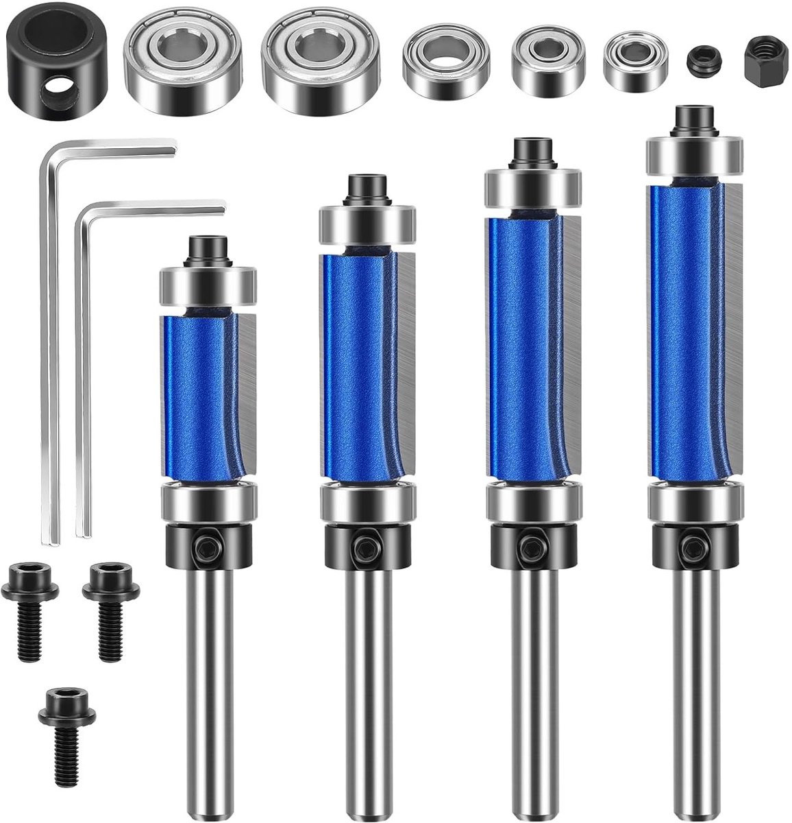 4-delige Freesbit Set met 1/4 Inch Schacht, Carbide Snijkop en Diverse Snijlengtes voor Houtbewerking