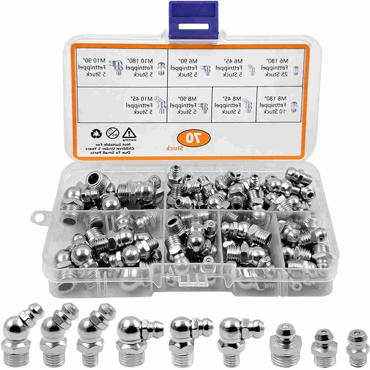 Assortiment van 70 Stuks Smeernippels M6 M8 M10 Recht en Gebogen 45, 90 en 180 Graden met Opbergdoos voor Effectieve Smering